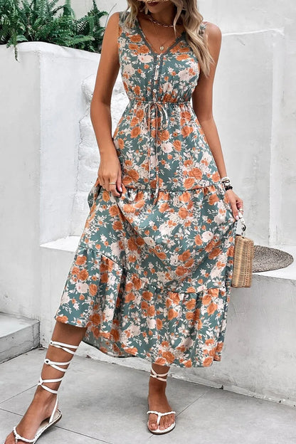 Floral Print Trimmed V-Neck Tie Waist Dress -