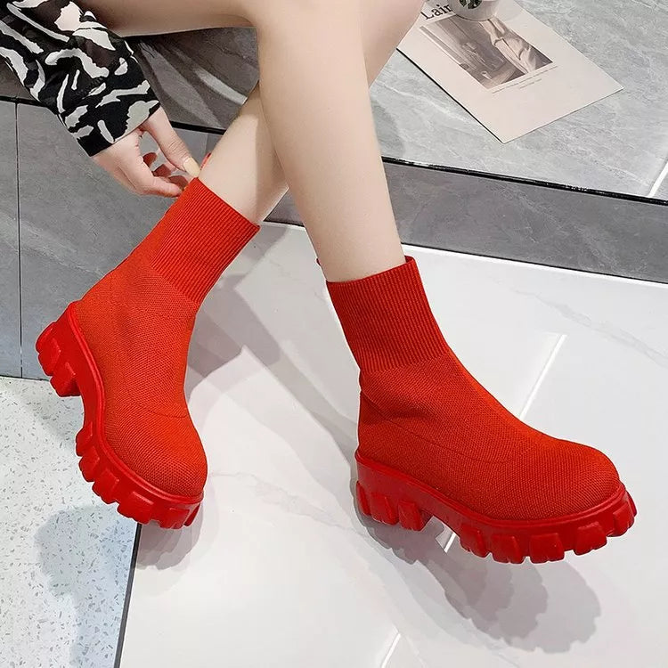 Round Toe Block Heels Boots - Red