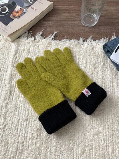 Cozy Knit Gloves with Ribbed Cuff - Mustard Green One Size