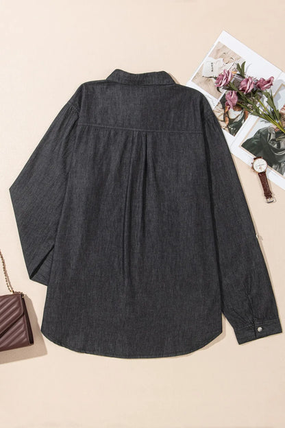 Collared Neck Long Sleeve Denim Top -