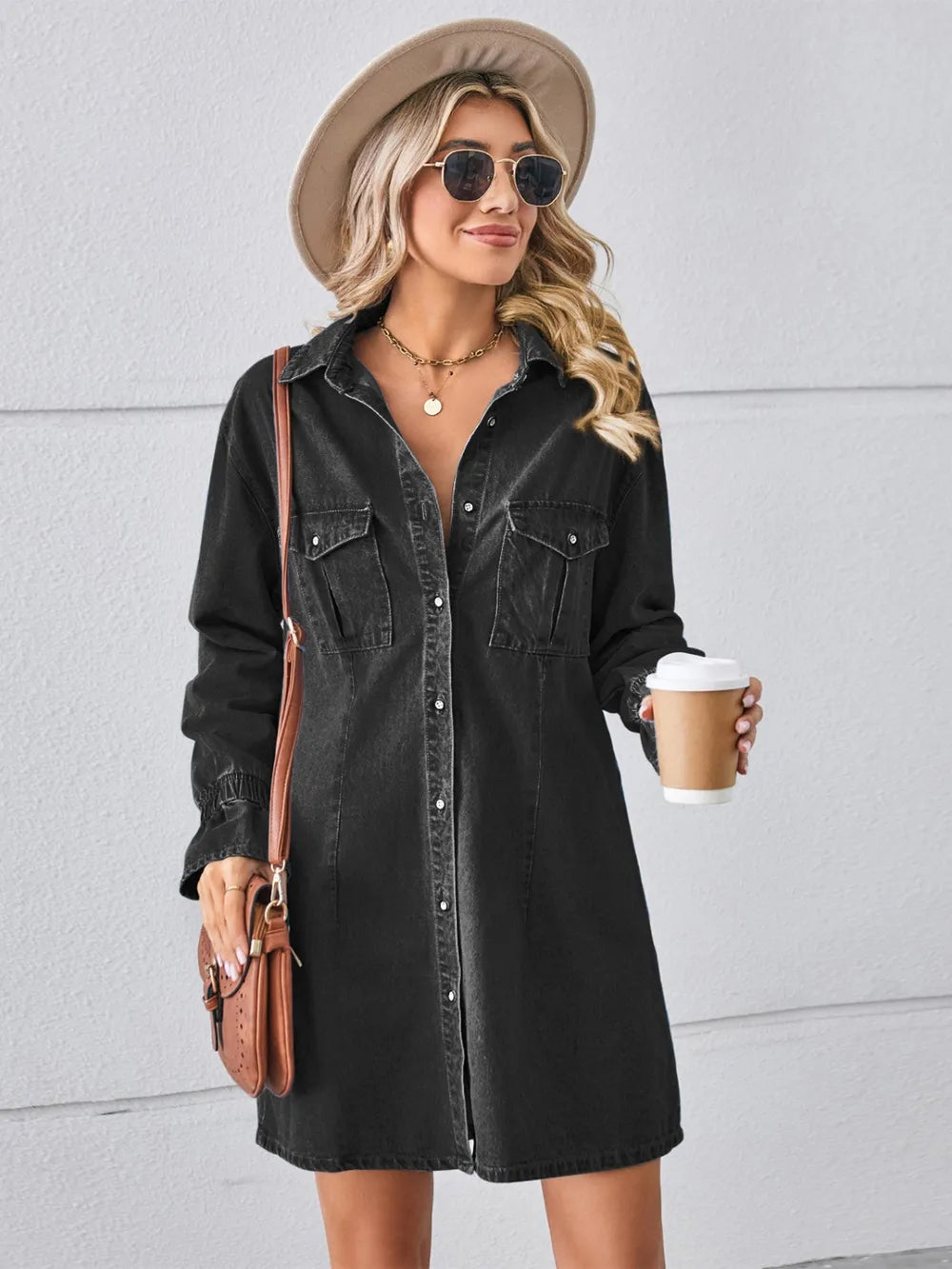 Pocketed Dropped Shoulder Mini Denim Dress - Black