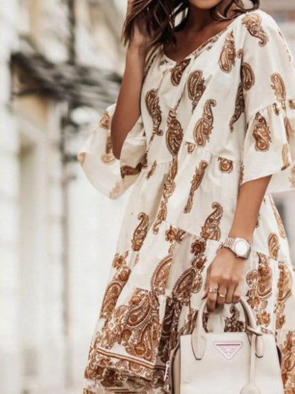 Paisley Print Tie Neck Half Sleeve Mini Dress -