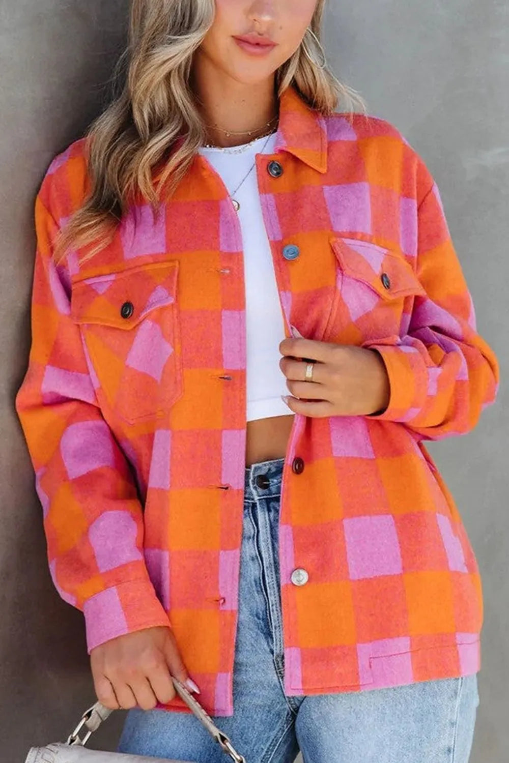 Plaid Collared Neck Button Up Jacket -