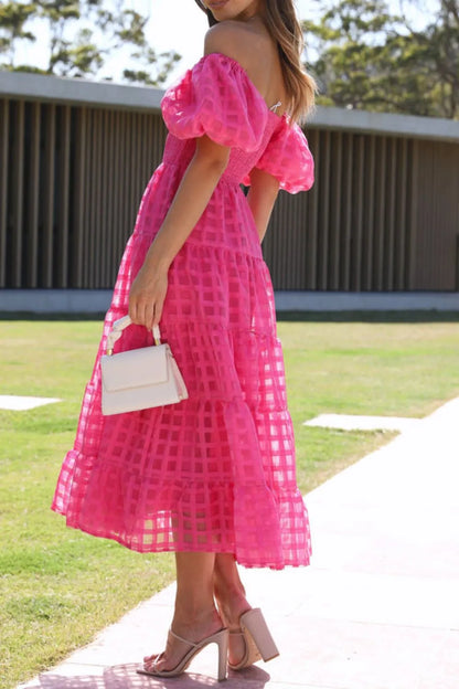 Off Shoulder Short Puff Sleeve Midi Dress -