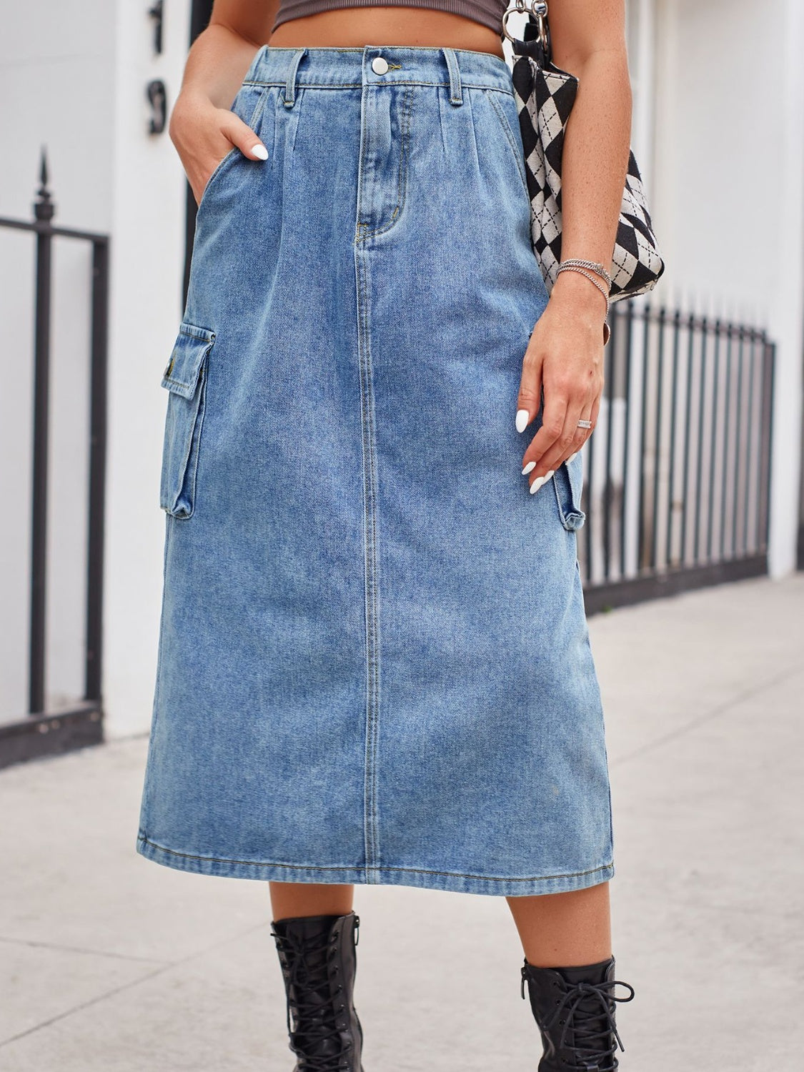 Slit Buttoned Denim Skirt with Pockets - Dusty Blue