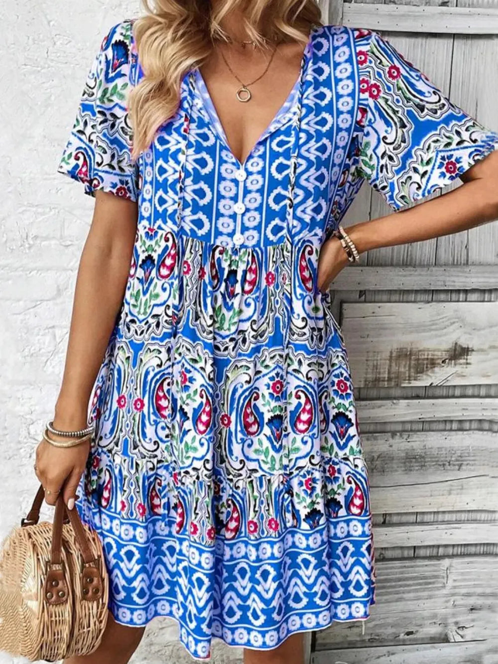 Printed Tie Neck Short Sleeve Dress - Blue