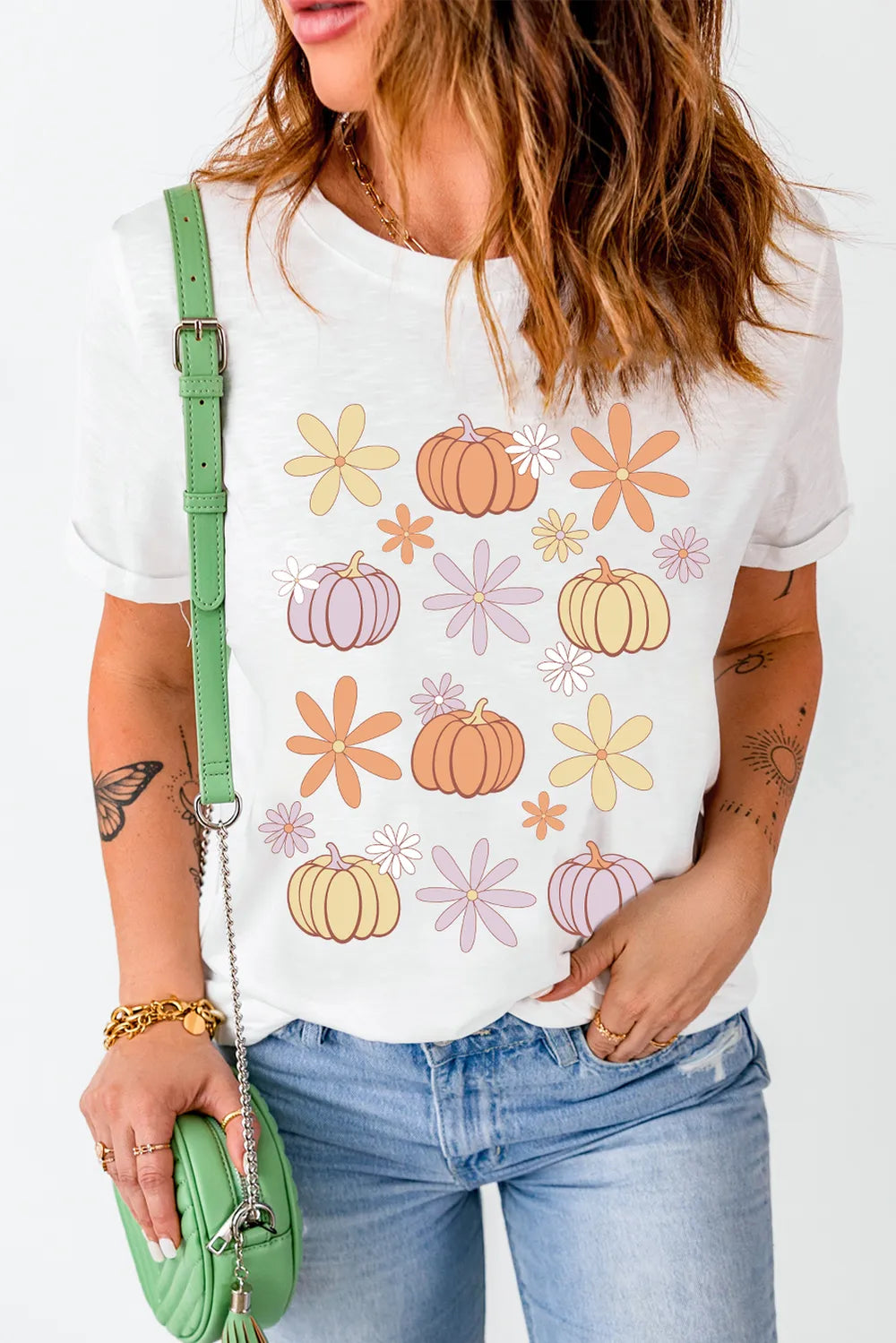 Pumpkin and Flower Round Neck T-Shirt -