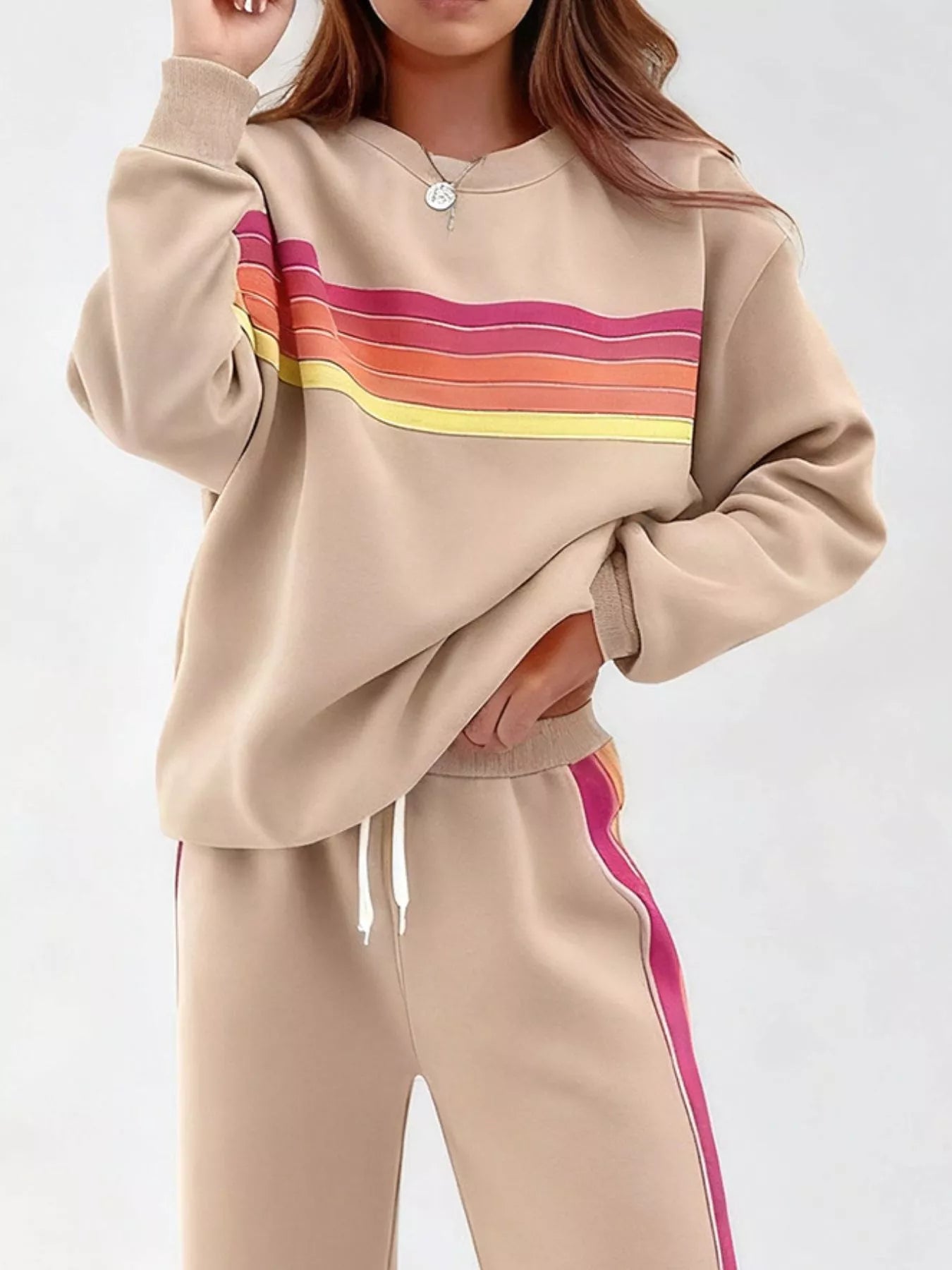 Striped Round Neck Sweatshirt and Pants Set -