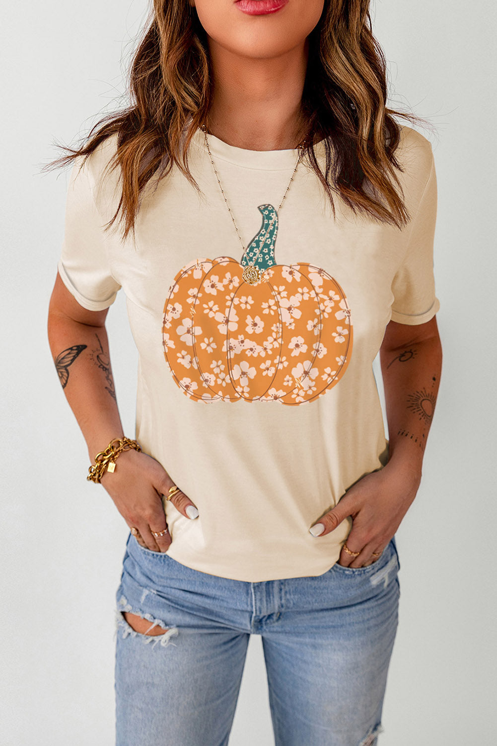 Pumpkin Graphic Round Neck Cuffed T-Shirt - Cream