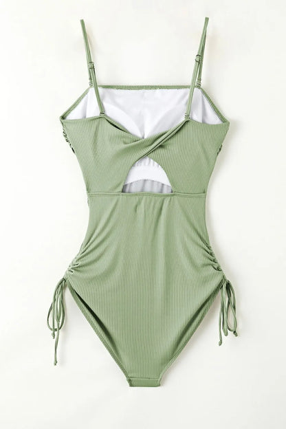Ribbed Drawstring Sides Cutout One Piece Swimsuit -