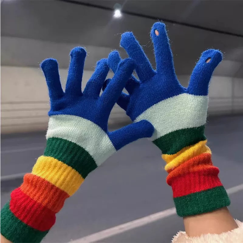 Colorful Striped Knitted Gloves - Blue One Size