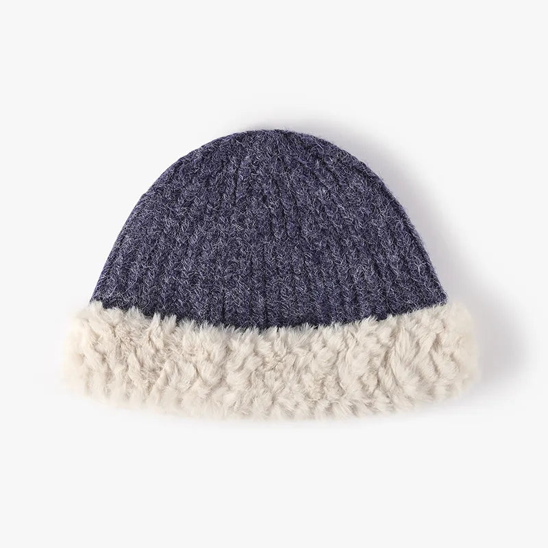 Fuzzy Hem Knit Hat - Indigo One Size