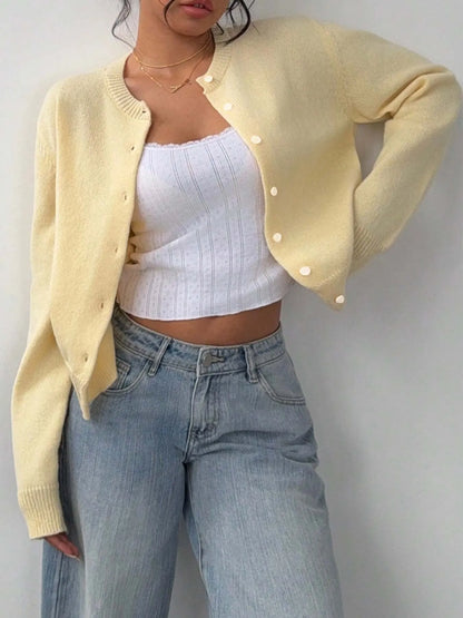 Button-Up Long Sleeve Knit Cardigan - Pastel Yellow