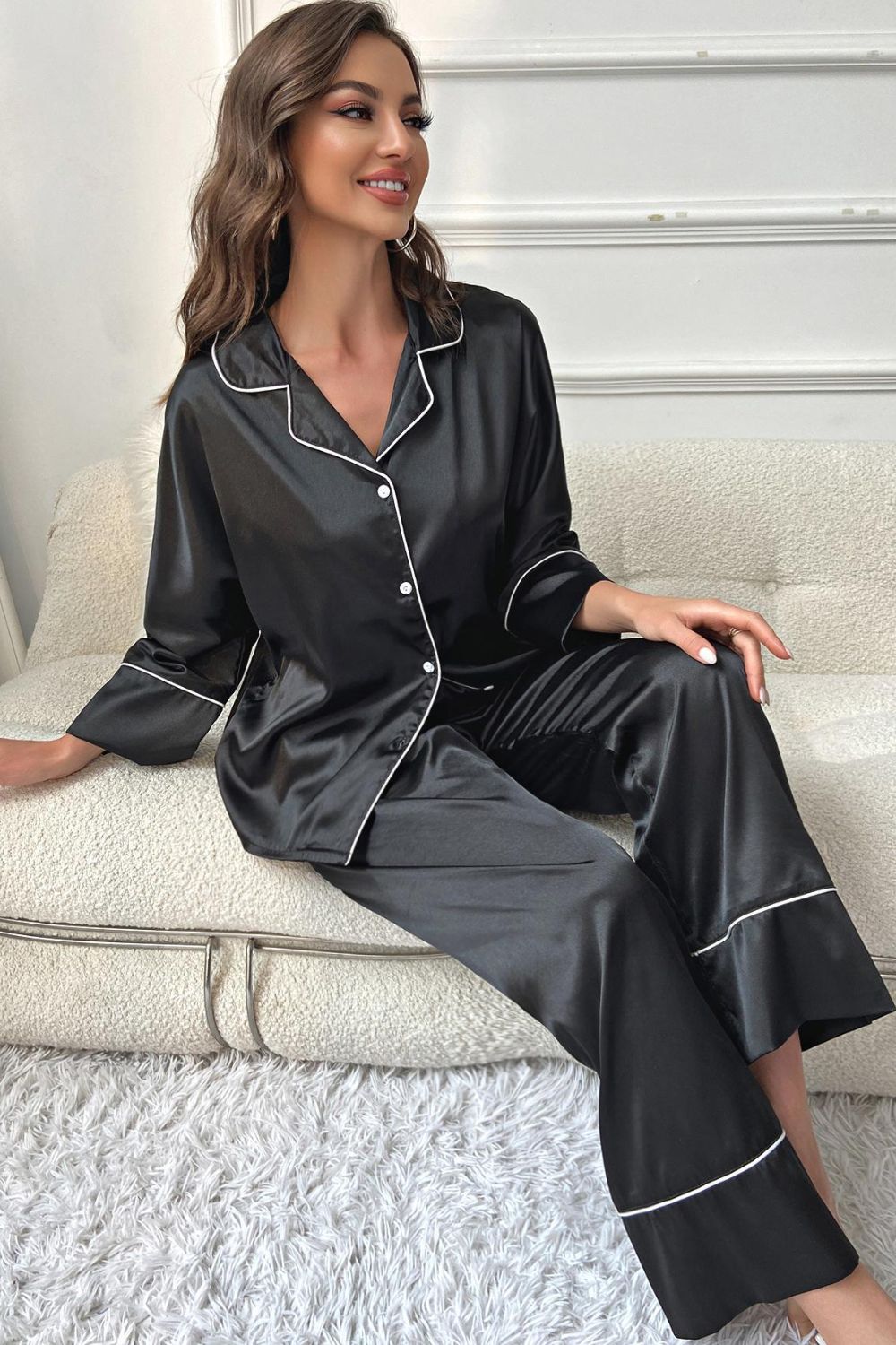 Contrast Piping Button-Up Top and Pants Pajama Set -