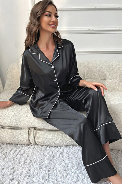 Contrast Piping Button-Up Top and Pants Pajama Set -