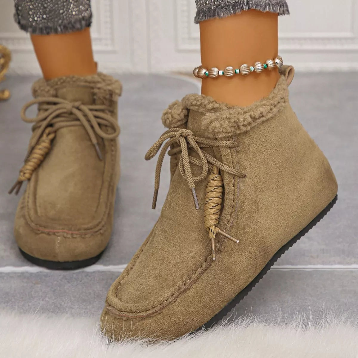 Plush Lining Ankle Boots - Khaki