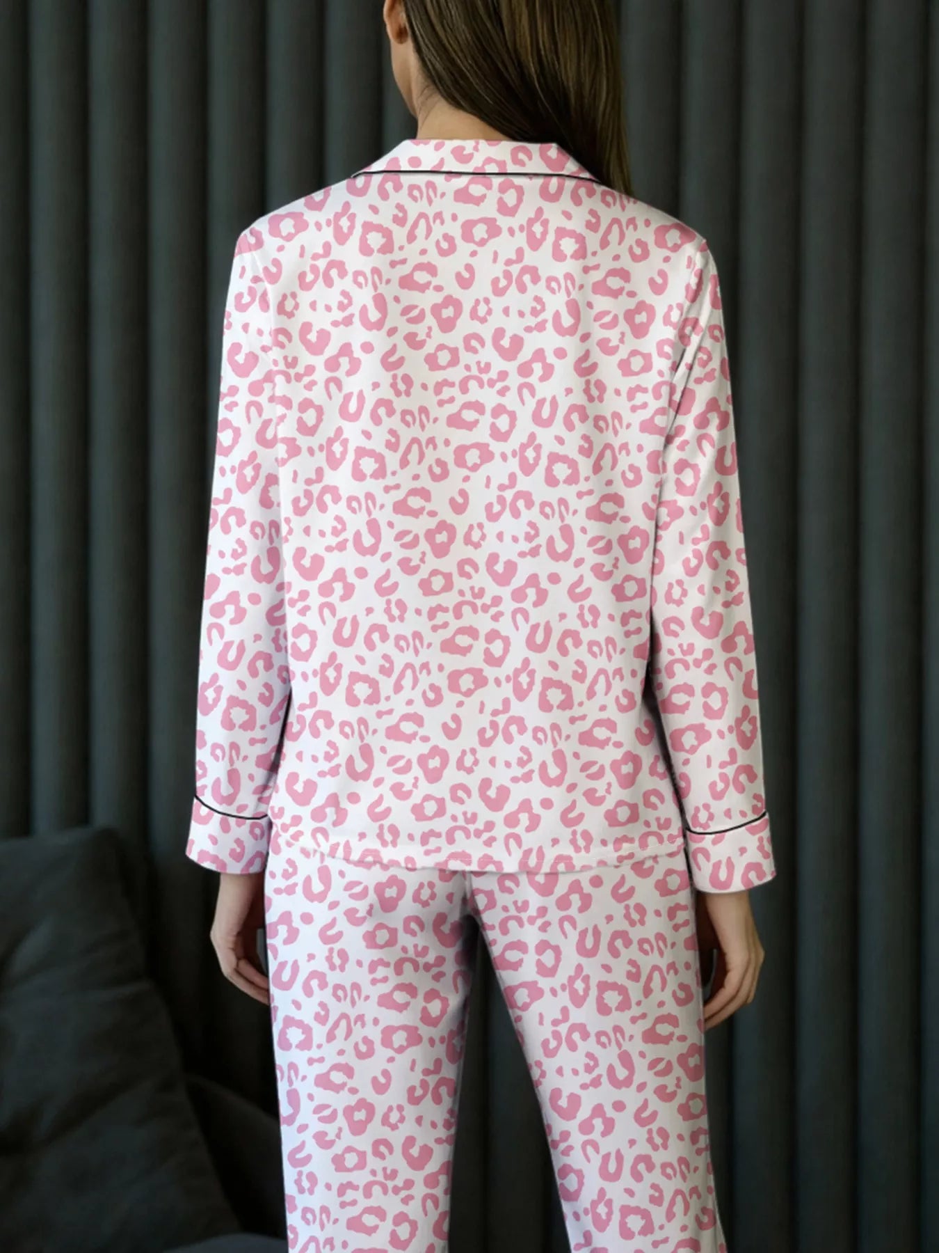 Leopard Print Button Up Top and Pants Pajama Set -