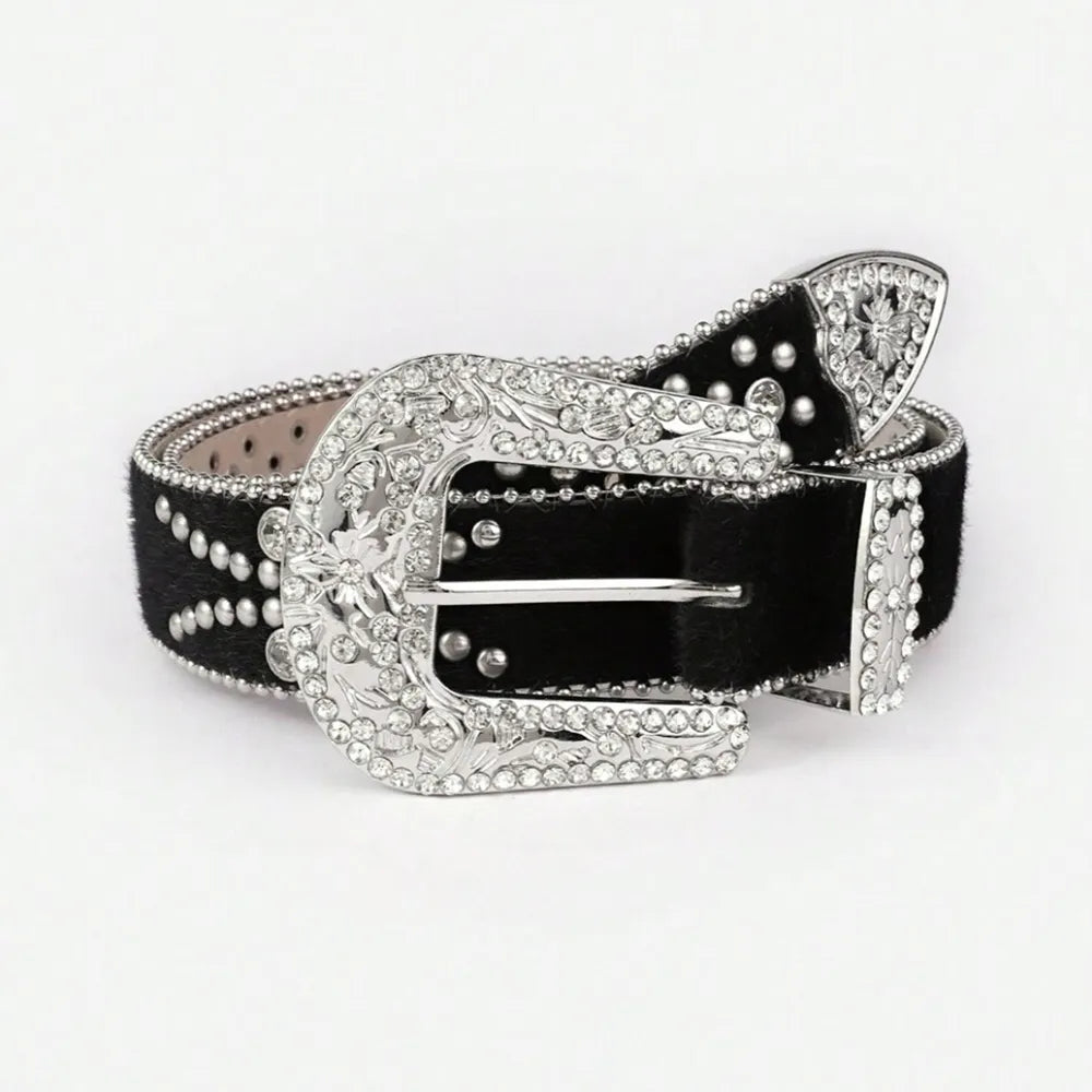 PU Leather Inlaid Rhinestone Belt -