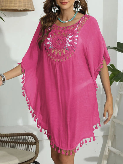Tassel Crochet Round Neck Cover-Up -
