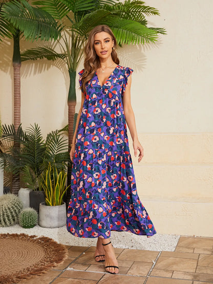 Floral V-Neck Cap Sleeve Summer Dress -