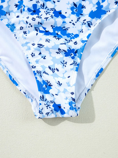 Floral Ruffled Strap Lace-up Hollow Out One-Piece Swimsuit -