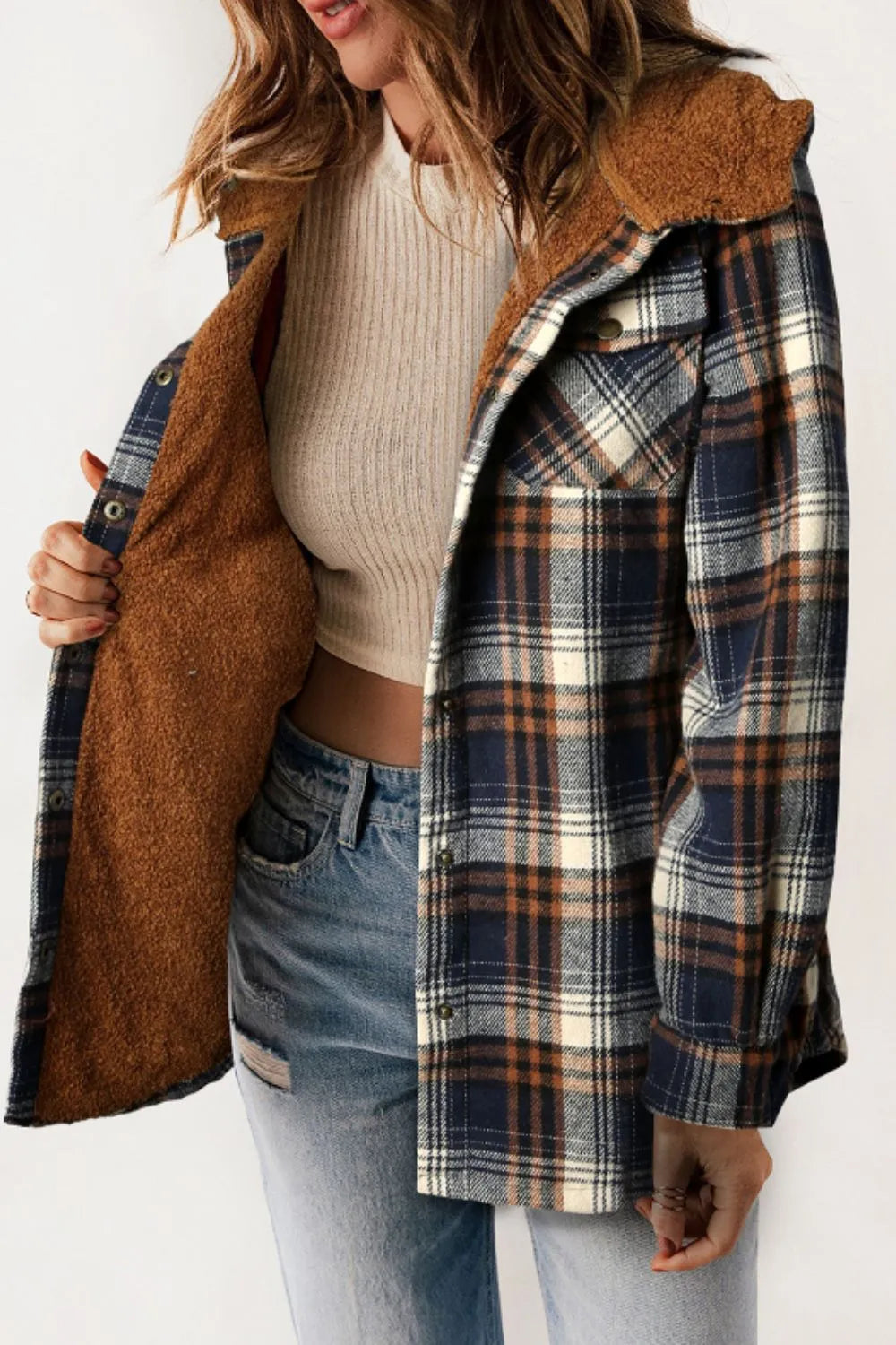 Plaid Button Up Long Sleeve Hooded Jacket -