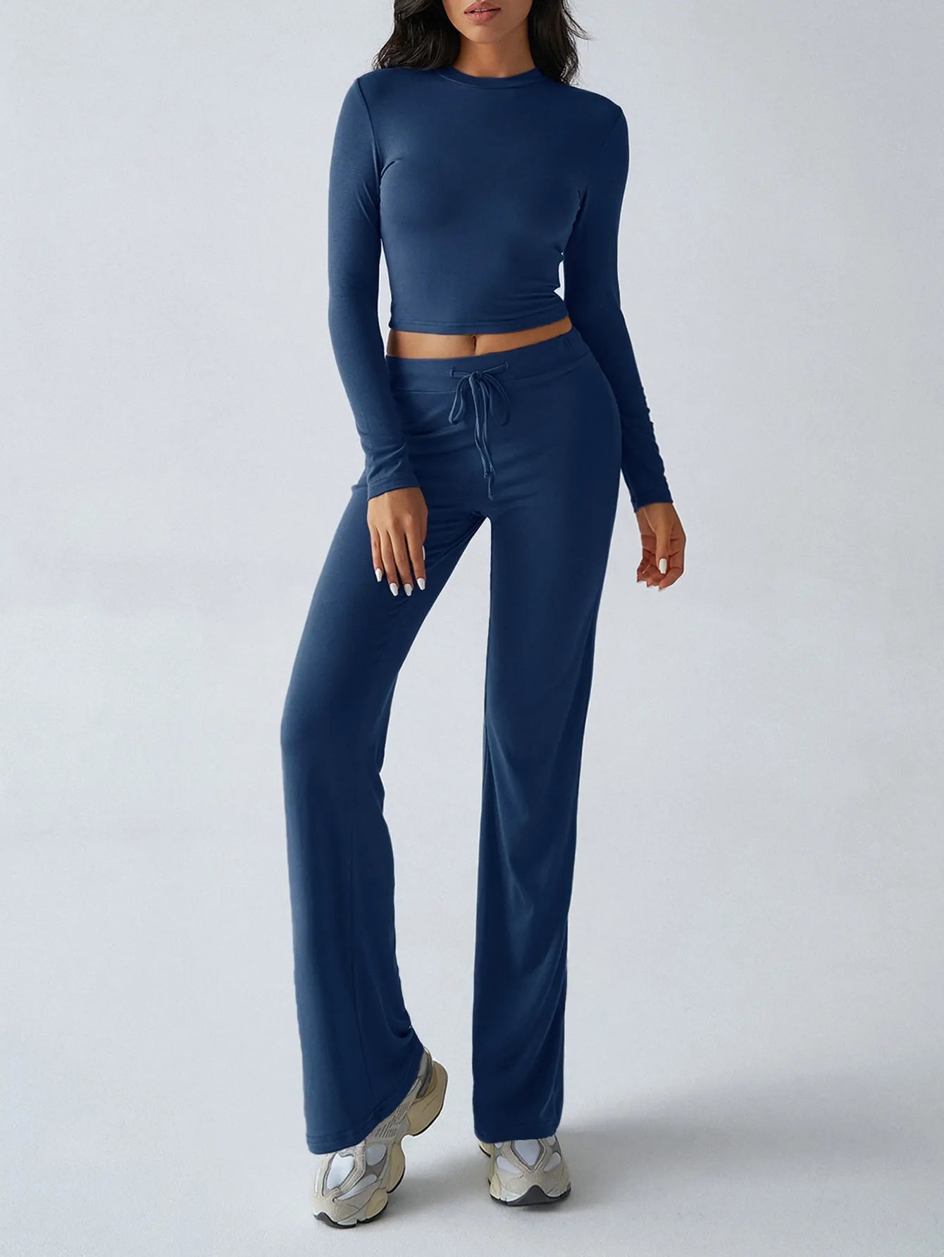 Round Neck Long Sleeve Top and Pants Set - Royal Blue