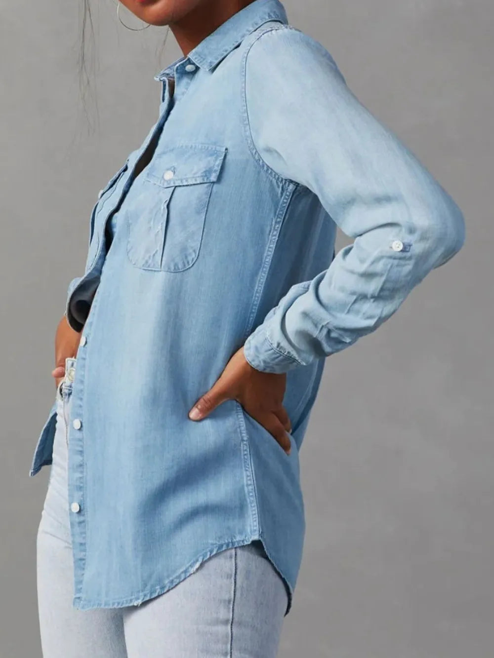 Collared Neck Roll-Tab Sleeve Denim Top -