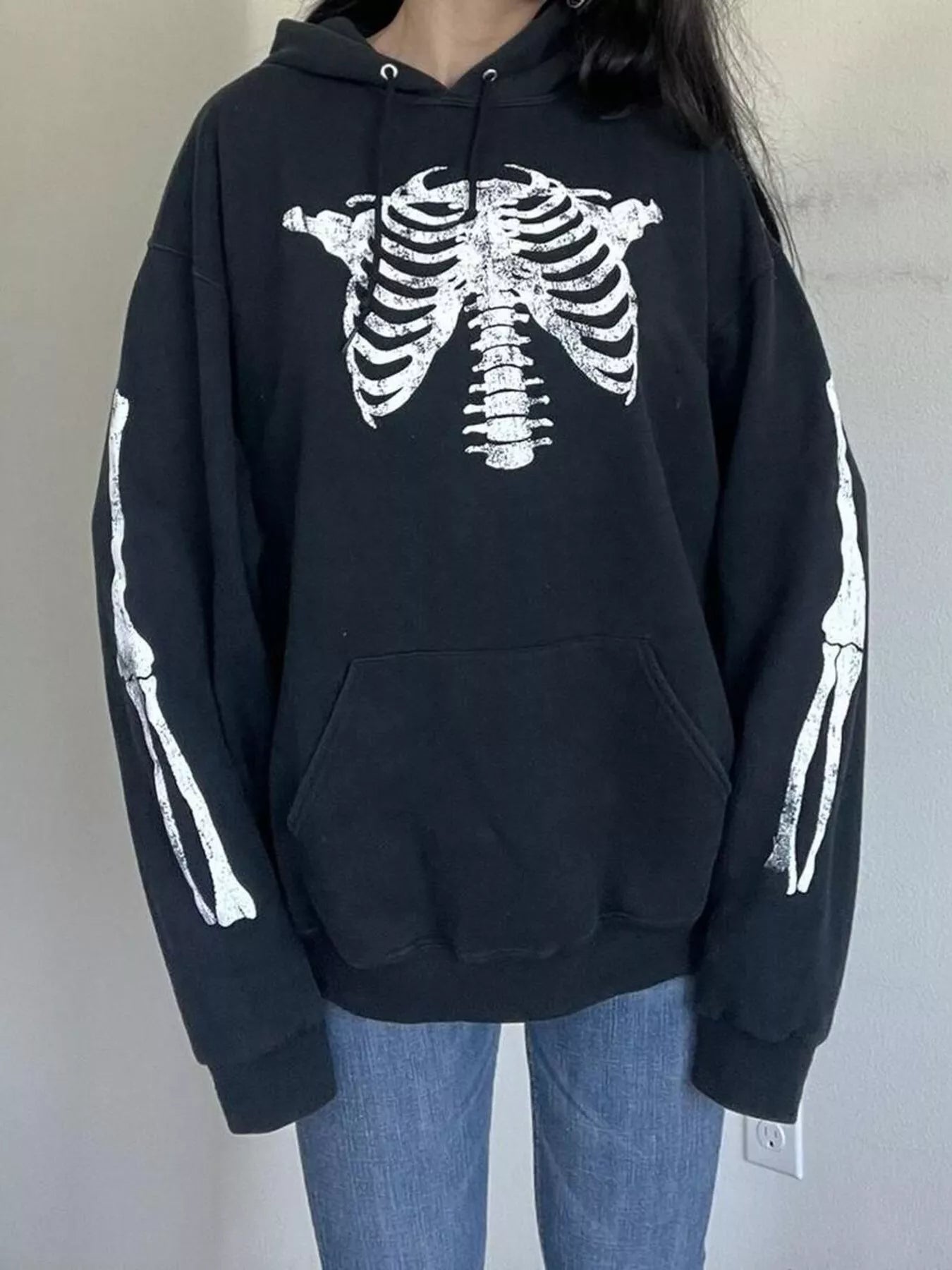 Drawstring Skeleton Long Sleeve Hoodie -