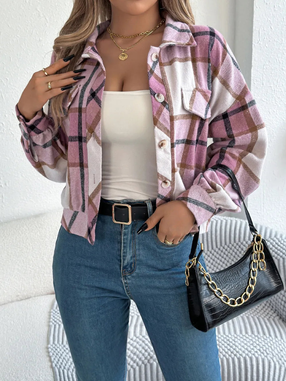 Plaid Button Up Long Sleeve Jacket - Dusty Pink
