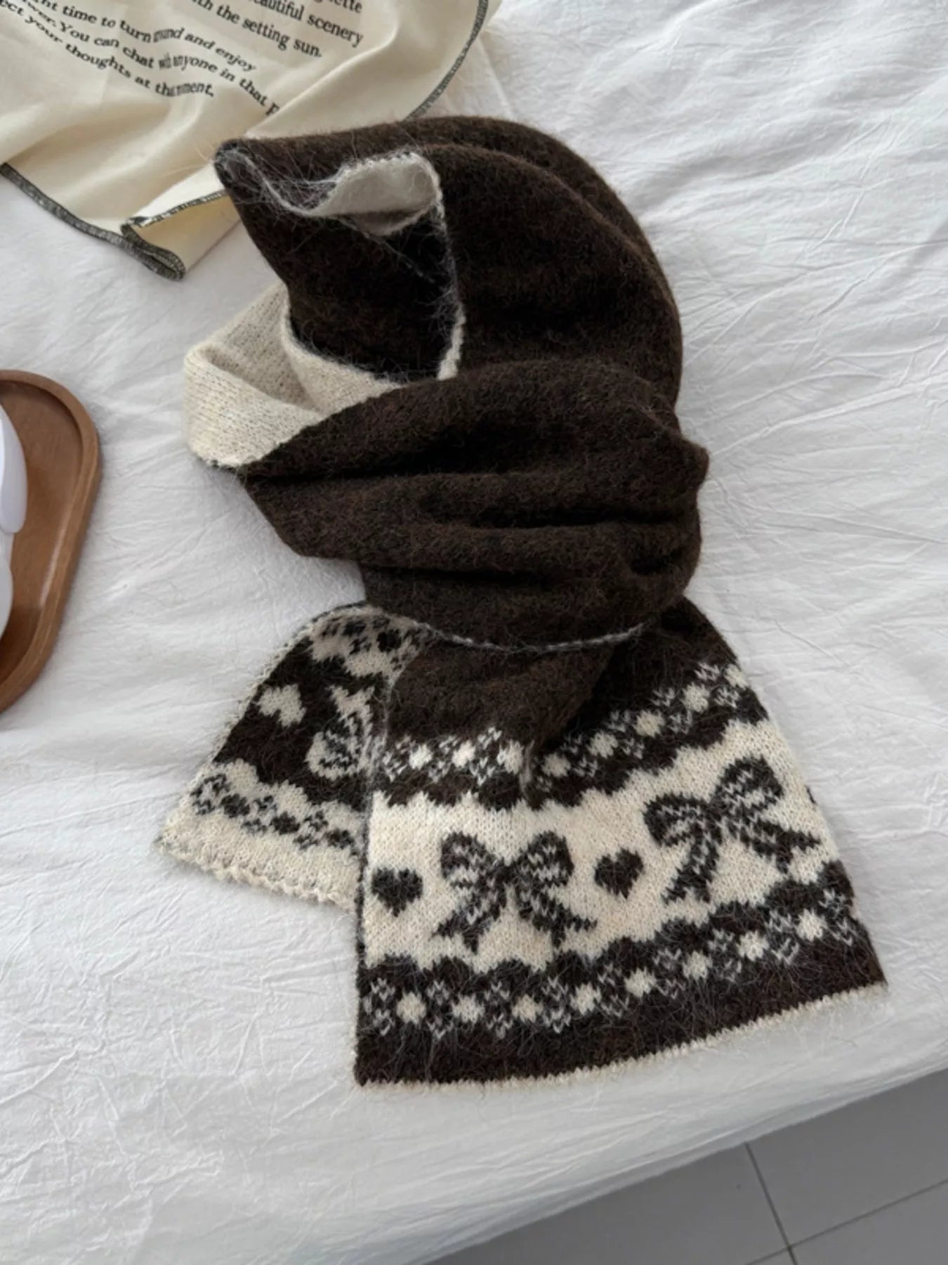 Warm Knitted Bowknot Scarf - Brown One Size