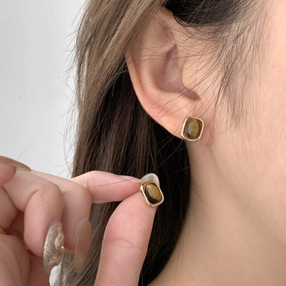 Square Tiger Eye Stud Earrings - Gold One Size