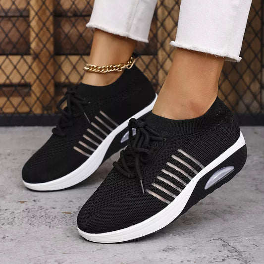 Breathable Mesh Lace Up Sneakers - Black