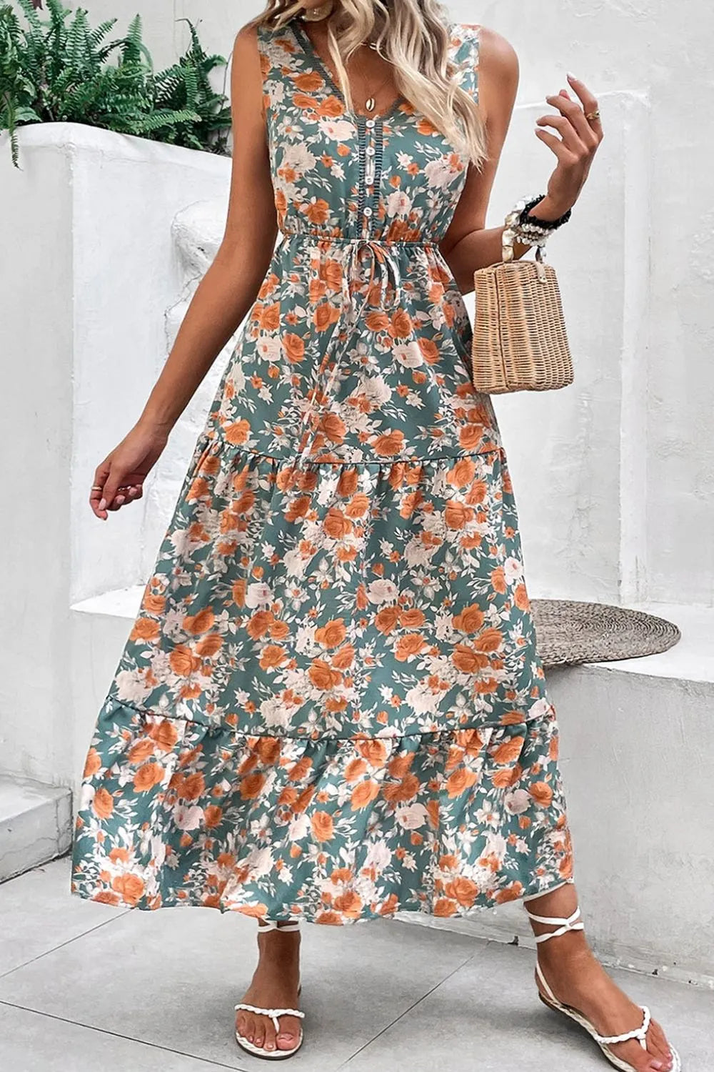 Floral Print Trimmed V-Neck Tie Waist Dress -