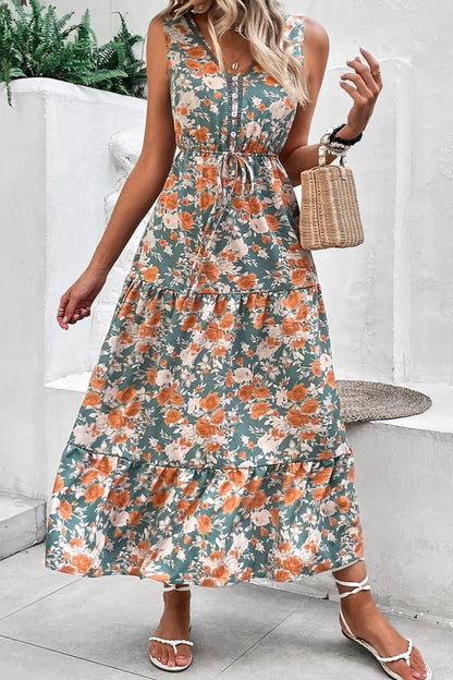 Floral Print Trimmed V-Neck Tie Waist Dress -