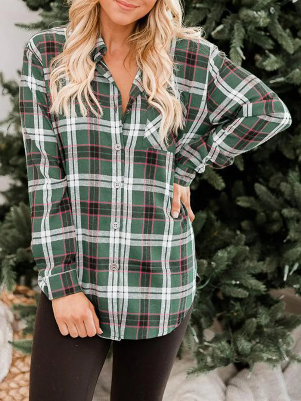 Plaid Collared Neck Long Sleeve Shirt - Green