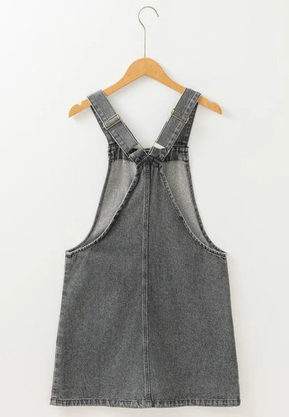 Wide Strap Button Down Denim Overall Dress -
