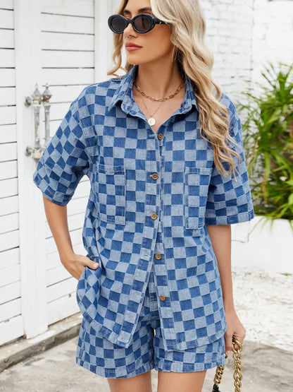 Checkered Shirt and Shorts Denim Set -