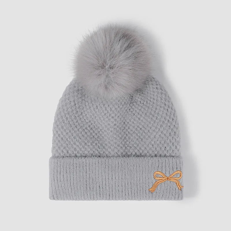 Thermal Bow Knit Hat with Pompom - Gray One Size