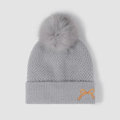 Thermal Bow Knit Hat with Pompom - Gray One Size