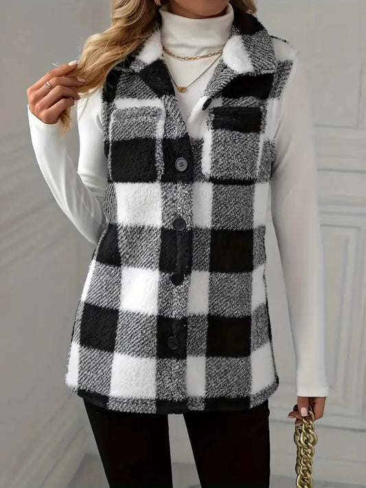 Plaid Button Up Vest Coat - Black