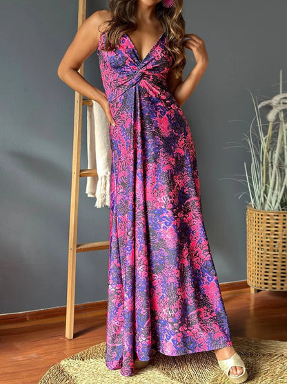 Tropical Print V-Neck Maxi Dress - Purple
