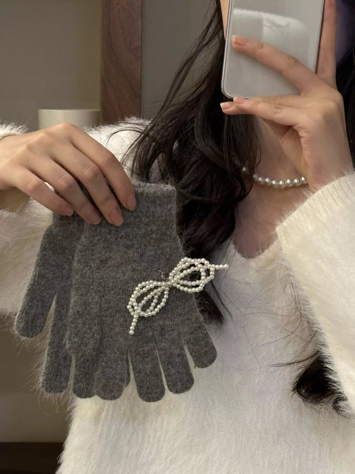 Pearl Embellished Knit Gloves - Dark Gray One Size