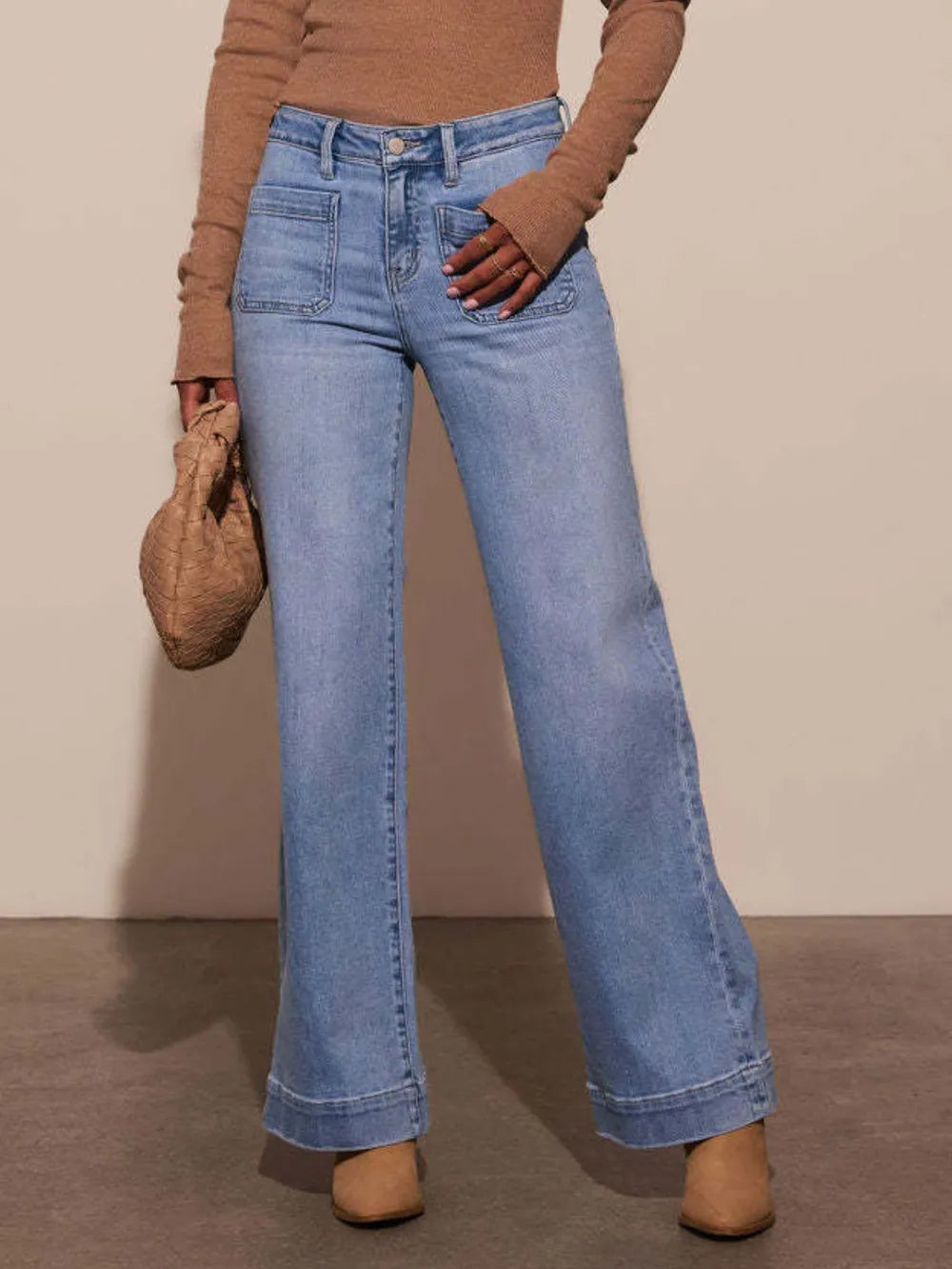 High Rise Patch Wide Leg Jeans - Light