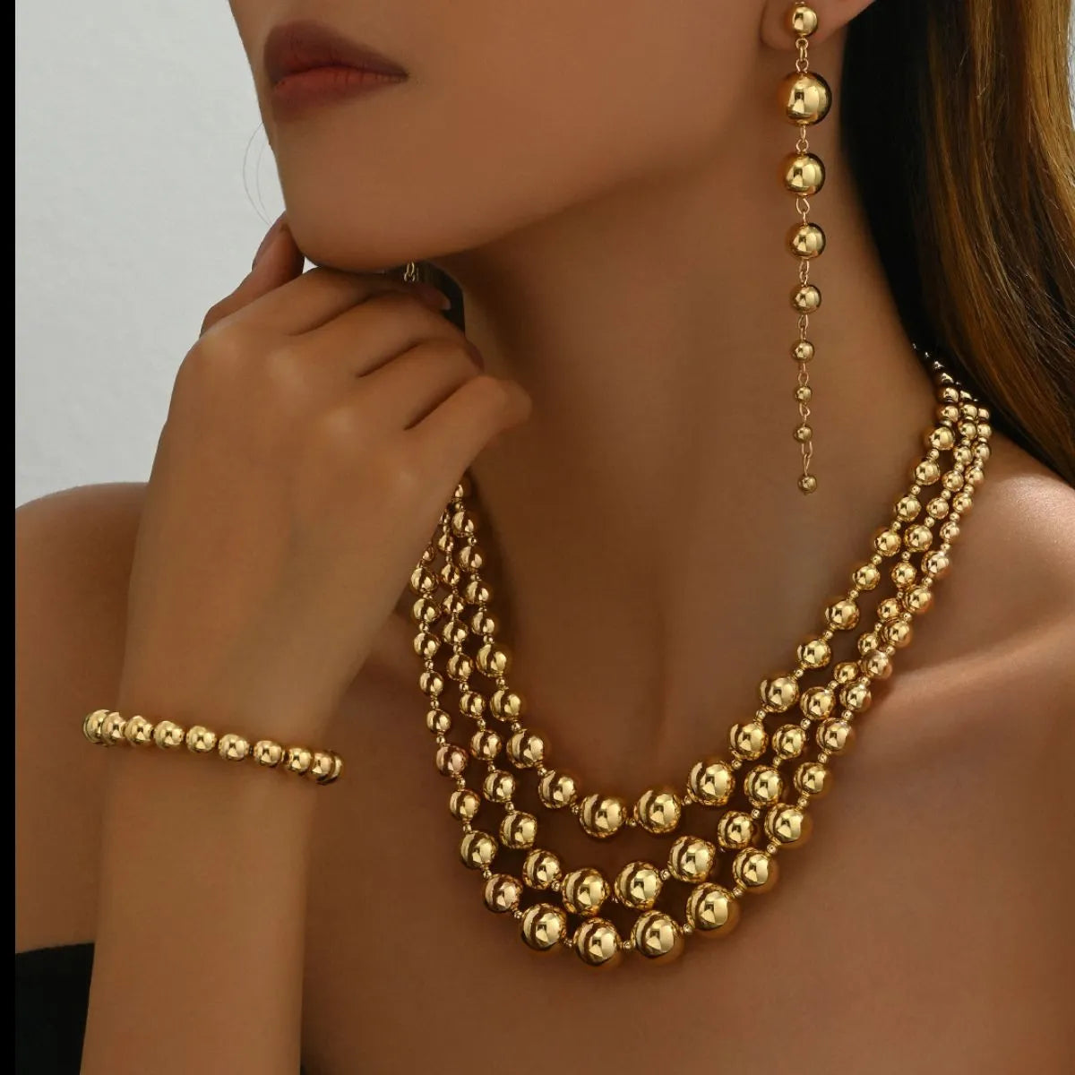 Beaded Multi-Layered Necklace Bracelet Earrings Jewelry Set - Gold One Size