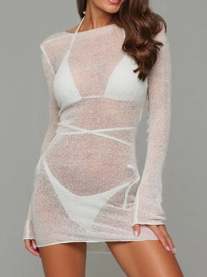 Sheer Backless Long Sleeve Mini Cover-Up Dress - White