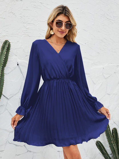 Surplice Flounce Sleeve Pleated Mini Dress | AdoreStarr