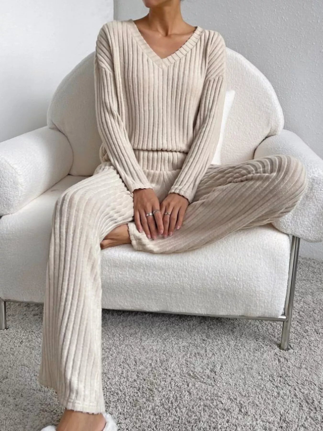 Ribbed Knit V-Neck Top and Pants Set - Beige