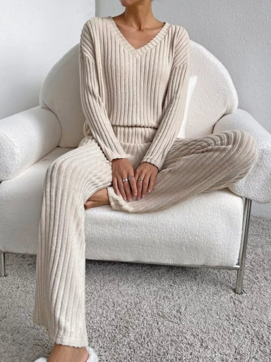 Ribbed Knit V-Neck Top and Pants Set - Beige