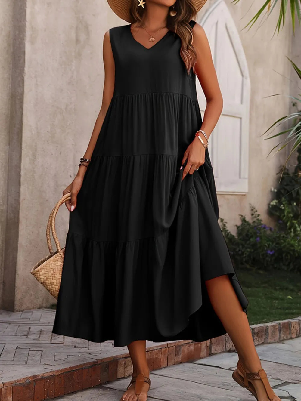 Tiered V-Neck Sleeveless Dress - Black